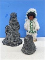 2 Molded Sculptures and Plastic Doll on Wood Base
