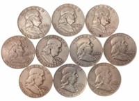 (10) 1958 Benjamin Franklin Silver Half Dollars