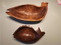 Two solid wood fish shaped serving Bowls. Nook