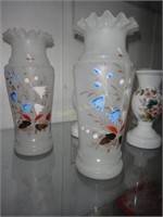 2 Hand Painted Ruffle Top Satin Glass Bristol Vase