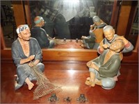 2 Japanese Clay Figures "Net Mender" & Barber