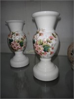 2 Hand Painted Vintage Milk Glass Vases 7.5"