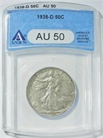 1938-D WALKING LIBERTY HALF ANACS AU-50