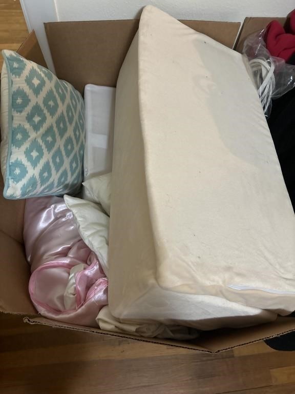 Box of Various Pillows and Linens