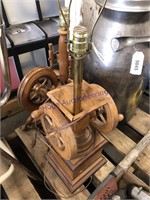 PAIR OF WOOD LAMP BASES--SPINNING WHEEL, GRINDER