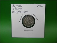 1936 British Silver Three Pence Coin E F ,
