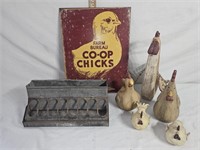 Antique Chicken Feeder, Sign & Chicken Decor