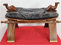 TEAK HAND CARVED CAMEL SEAT BENCH - BRASS ACCENTS