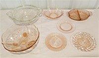 Pink depression glassware, plates, bowls, divided