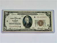 RARE 1929 US NATIONAL CURRENCY $20 RICHMOND BILL