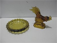 Vtg Amber Glass Rooster & Ashtray Tallest 9"