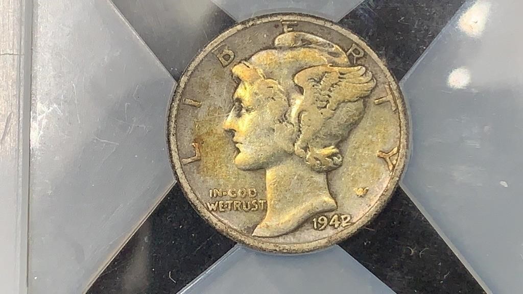 Error Key 1942 over 1 Silver Mercury Dime