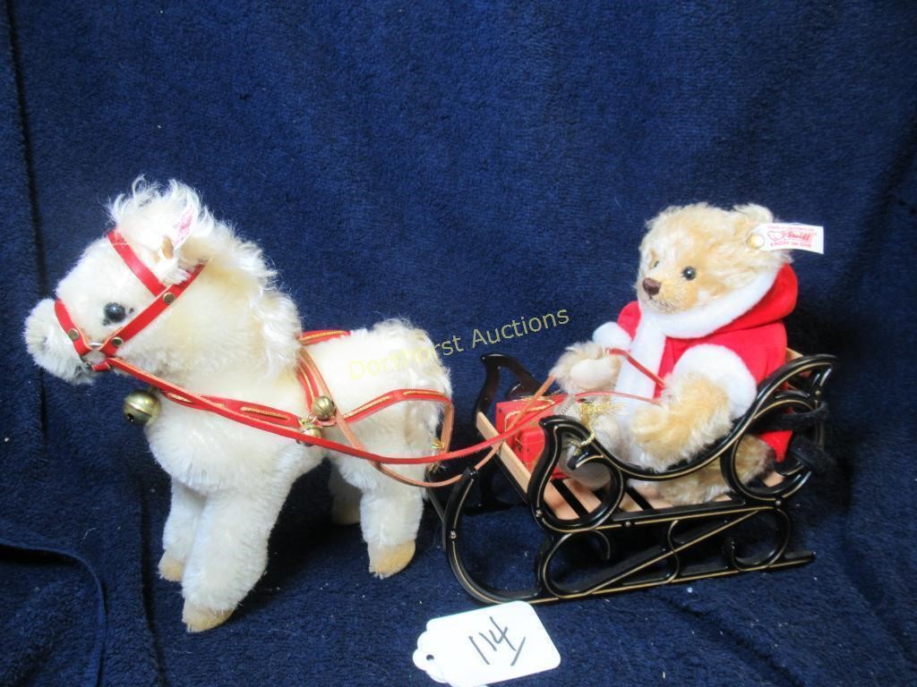 PLUSH TOY STEIFF - SANTA TEDDY & PONY ON SLEIGH -