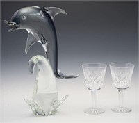 2 Waterford Glasses & Crystal Dolphin Sculpture.