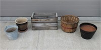Wood Crate, Bushel Basket, Assorted Flower Pots