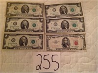 (5)  1976 (2) DOLLAR BILLS, & 1953 (5) DOLLAR RED
