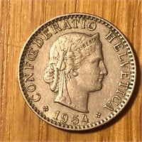 1954 Swiss 20 Rappen Coin