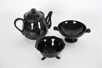 Ceramic Tea Kettle & Purple Glass Bowls