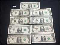 9 $1 Bills Unique Serial Numbers