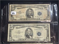 2 $5 Silver Certificates 1953 A