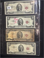 3- 1953 Red Seal $2 Bills & 1- 1963 Red Seal $2 Bi