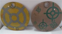 (2) Painted oil drum lids.