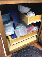 2 cabinets full of pots, pans, & plastic dishes