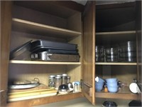 2 cabinets with assorted baking pans + tins