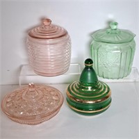 2 Depression Glass Biscuit Jars & 2 Candy