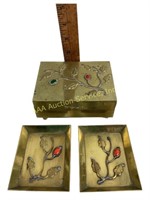 Chinese Style Brass Stamp Box and Small Trays.
