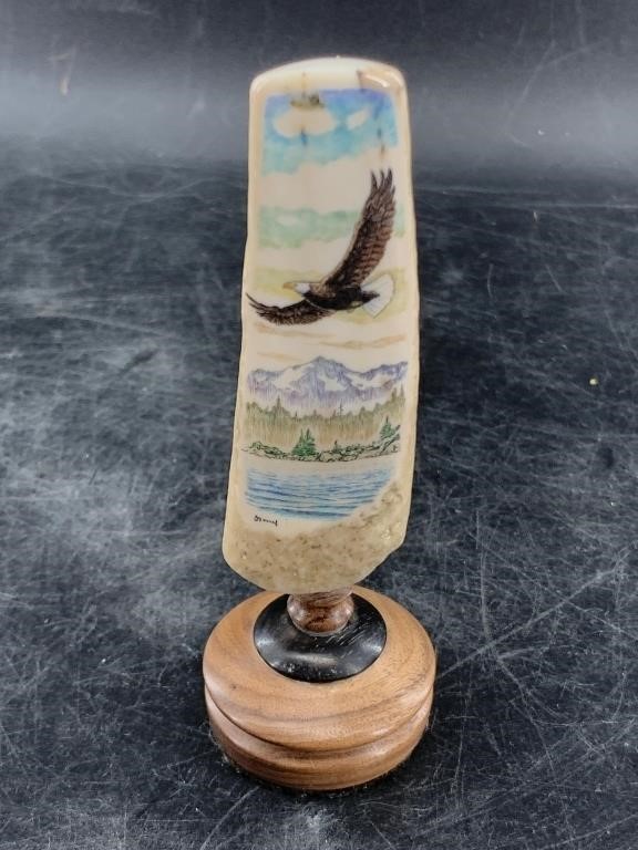 Signed colored scrimshaw walrus ivory tip depictin