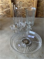 Glass Lazy Susan, 2 Tall Vases & Candle Holders