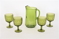 Vintage Green Glass Pitcher, Thumbprint Goblets