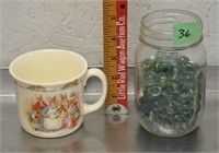 Bunnykins mug & marbles in jar