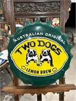 Vintage Two Dogs Beer Metal Cap Sign