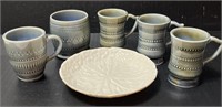 Belleek plate, 5 Irish porcelain small mugs