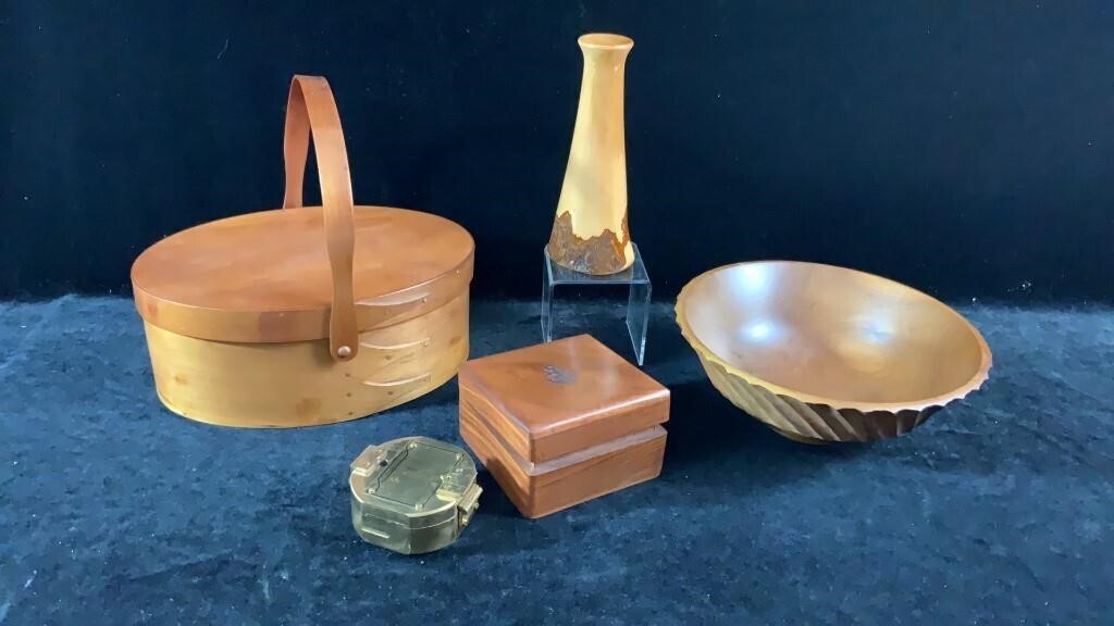 Turned Wood Vase & Bowl, Shaker Box +