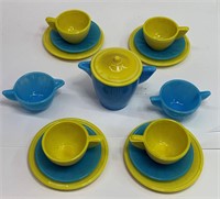 Akro Agate Blue & Yellow Glass Child's Tea Set