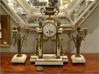 French marble and bronze clock garniture