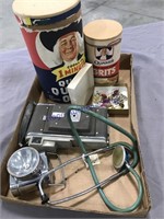 QUAKER BOXES, CLIP/ SCREW ON EARRINGS, OLD CAMERA