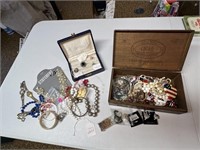 Costume Jewelry and Vtg Cigar Box