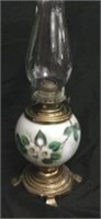 Vintage Hand Painted Brass and Glass Oil Lamp