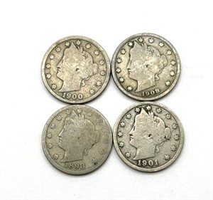 (4) Liberty Head V Nickels : 1898, 1900, 1901,