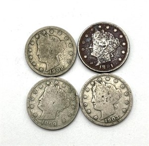 (4) Liberty Head V Nickels : 1899, 1891, 1902,