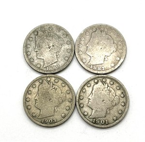 (4) Liberty Head V Nickels : 1887, 1890, 1903,