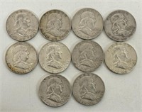 (10) FRANKLIN SILVER HALF DOLLARS