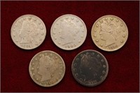 5 Liberty Nickel Lot; 1884, 1905, 1910, 1911, 1912