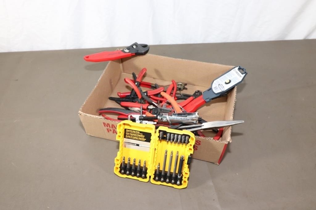 Box Lot Of Tools - Pliers, Dewalt Bits
