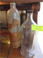 2 Pcs.: Glass Bottle & Pottery Liquor Bottle