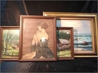 Vintage print of a young woman, two landscapes